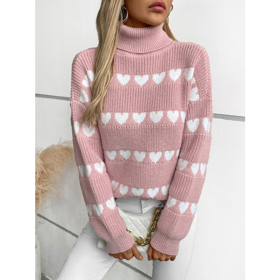 Heart Turtleneck Dropped Shoulder Sweater Apparel and Accessories