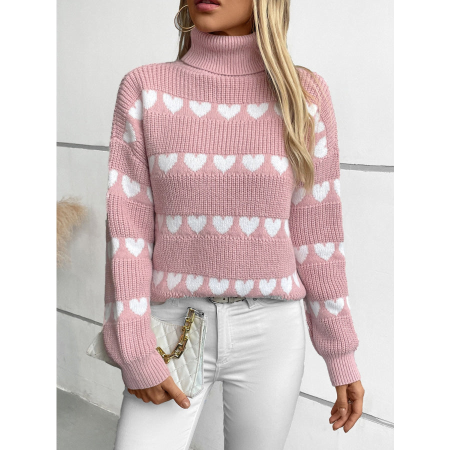 Heart Turtleneck Dropped Shoulder Sweater Blush Pink / S Apparel and Accessories