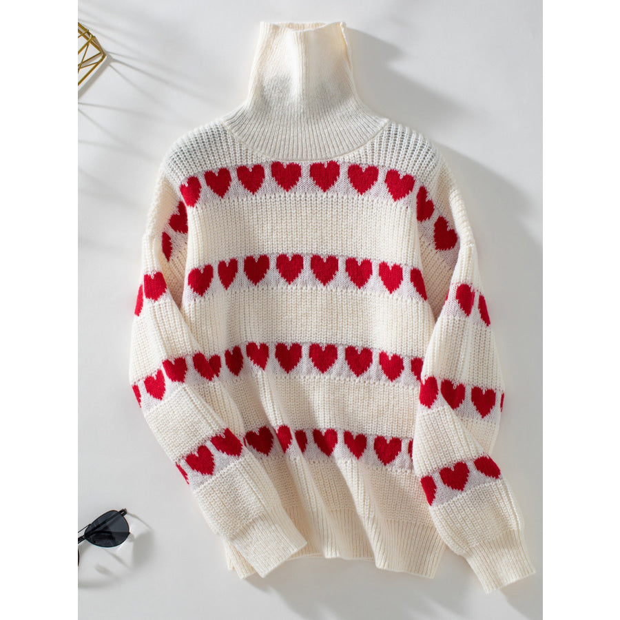 Heart Turtleneck Dropped Shoulder Sweater Cream / S Apparel and Accessories