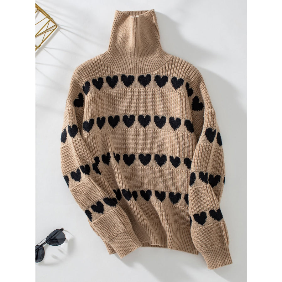 Heart Turtleneck Dropped Shoulder Sweater Taupe / S Apparel and Accessories