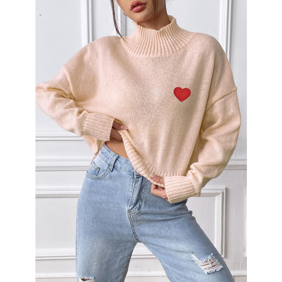 Heart Turtleneck Long Sleeve Sweater Apricot / S Apparel and Accessories