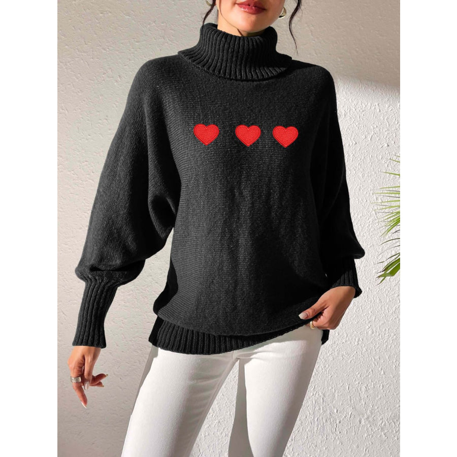 Heart Turtleneck Long Sleeve Sweater Black / S Apparel and Accessories