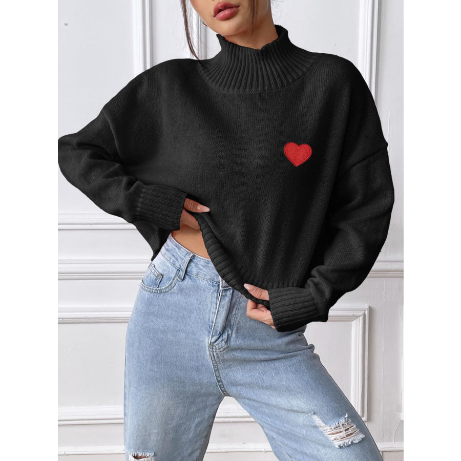 Heart Turtleneck Long Sleeve Sweater Black / S Apparel and Accessories