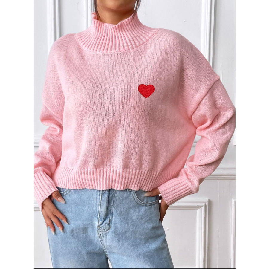 Heart Turtleneck Long Sleeve Sweater Blush Pink / S Apparel and Accessories