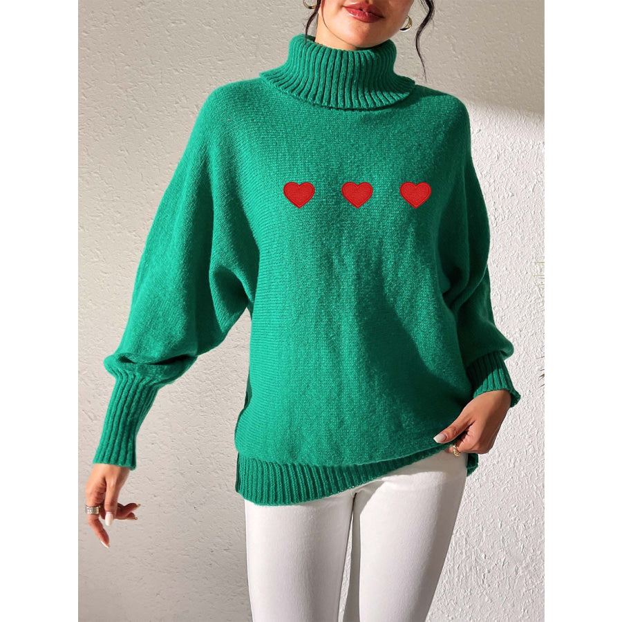 Heart Turtleneck Long Sleeve Sweater Dark Green / S Apparel and Accessories