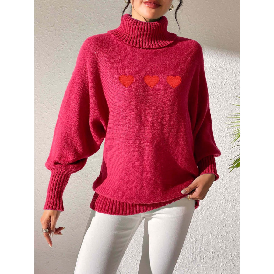 Heart Turtleneck Long Sleeve Sweater Deep Red / S Apparel and Accessories