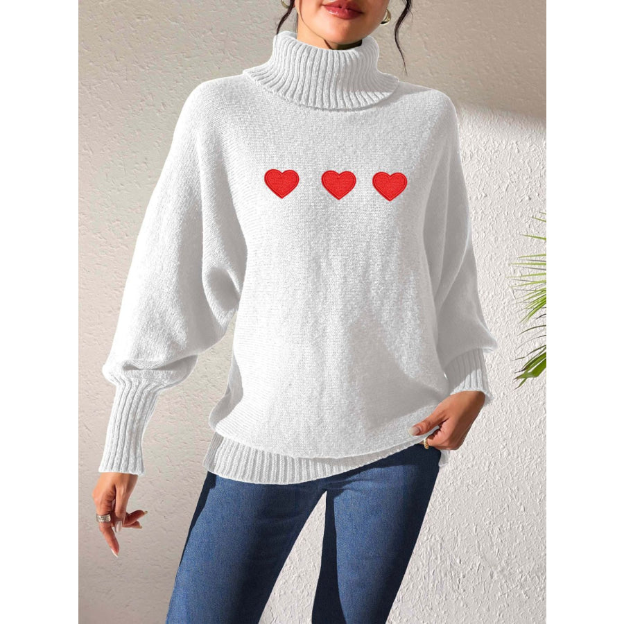 Heart Turtleneck Long Sleeve Sweater White / S Apparel and Accessories