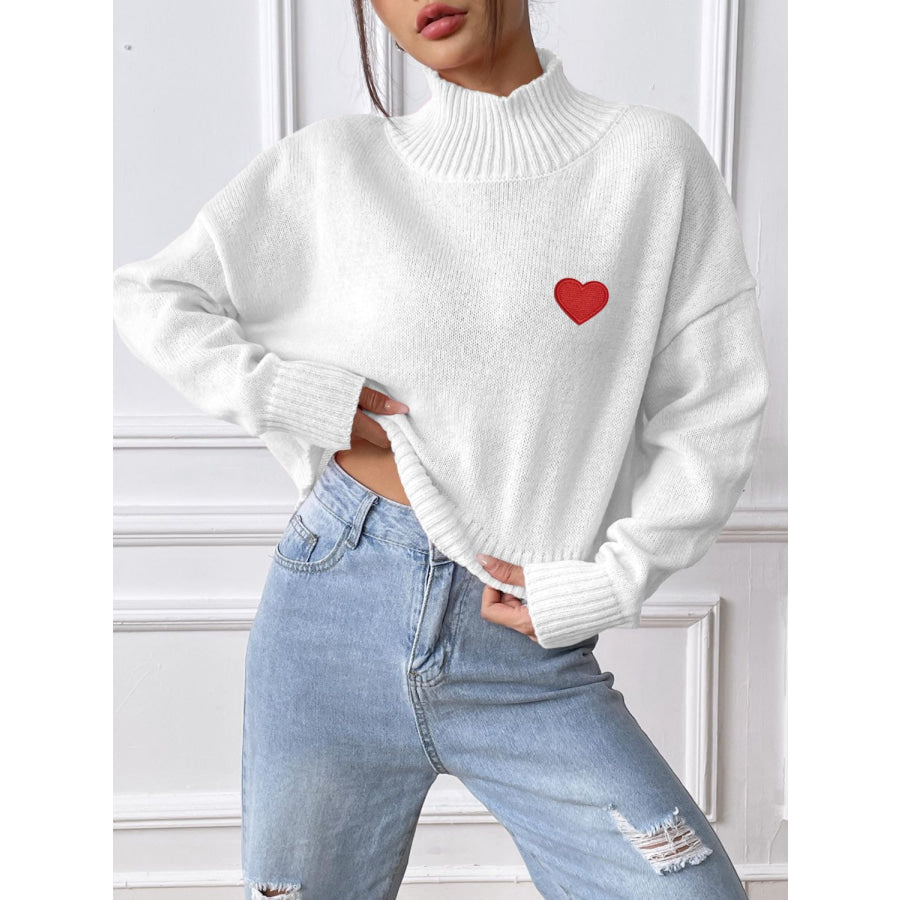 Heart Turtleneck Long Sleeve Sweater White / S Apparel and Accessories