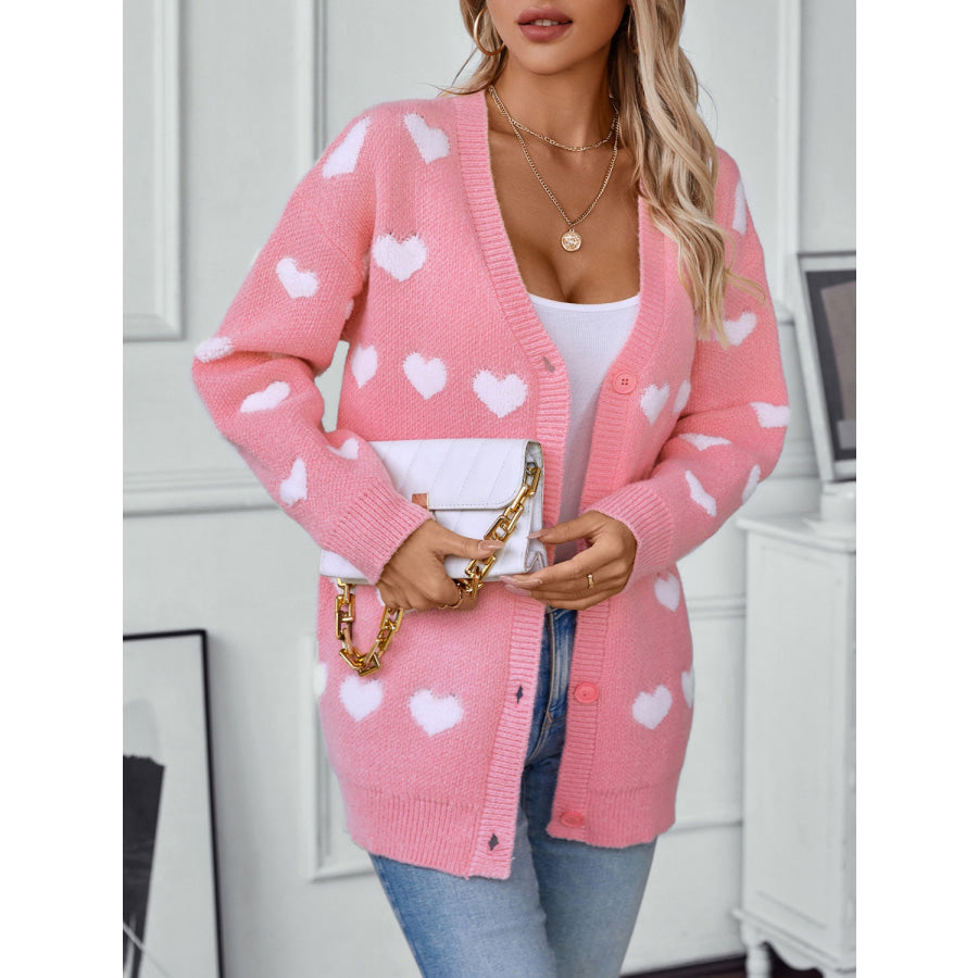 Heart V-Neck Button Up Long Sleeve Cardigan Apparel and Accessories