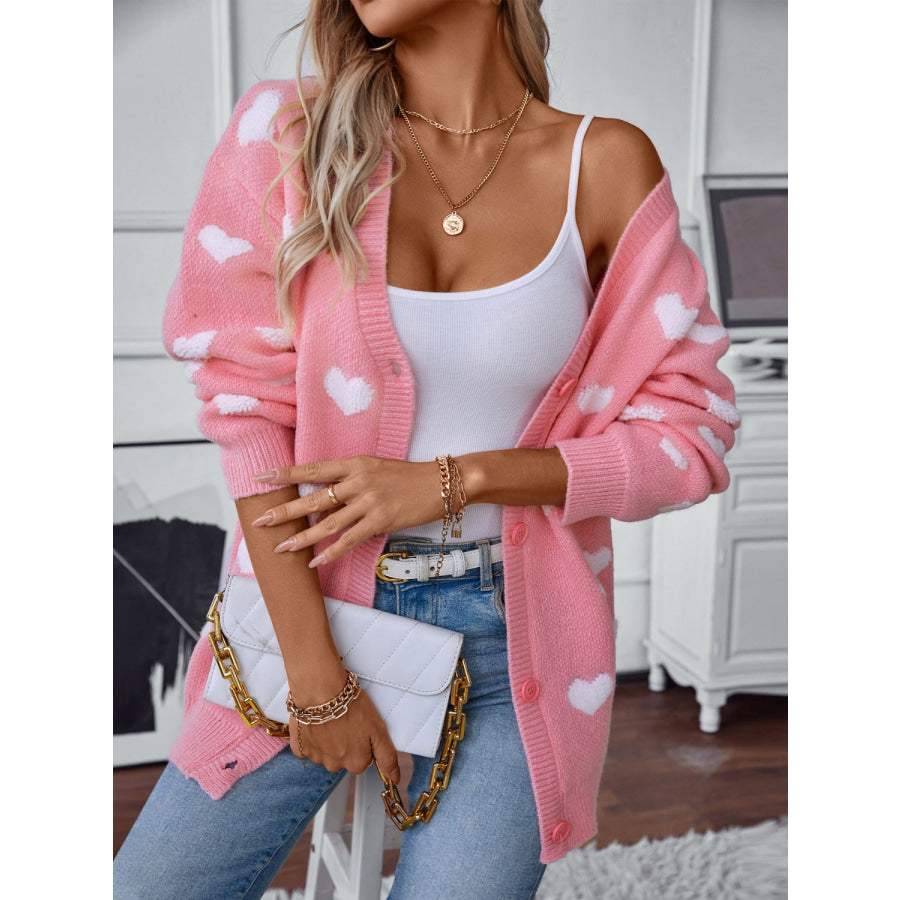 Heart V-Neck Button Up Long Sleeve Cardigan Apparel and Accessories