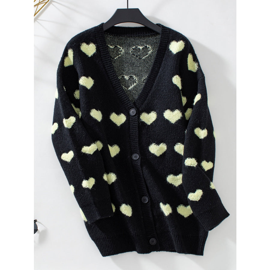 Heart V-Neck Button Up Long Sleeve Cardigan Black / S Apparel and Accessories