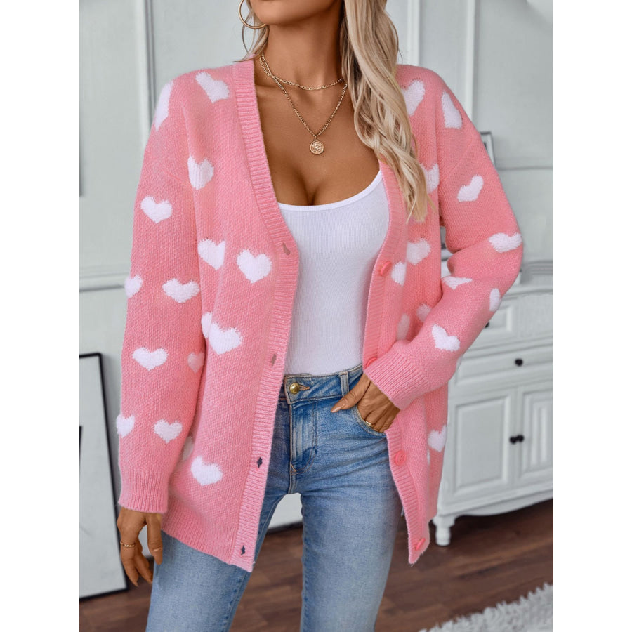 Heart V-Neck Button Up Long Sleeve Cardigan Blush Pink / S Apparel and Accessories