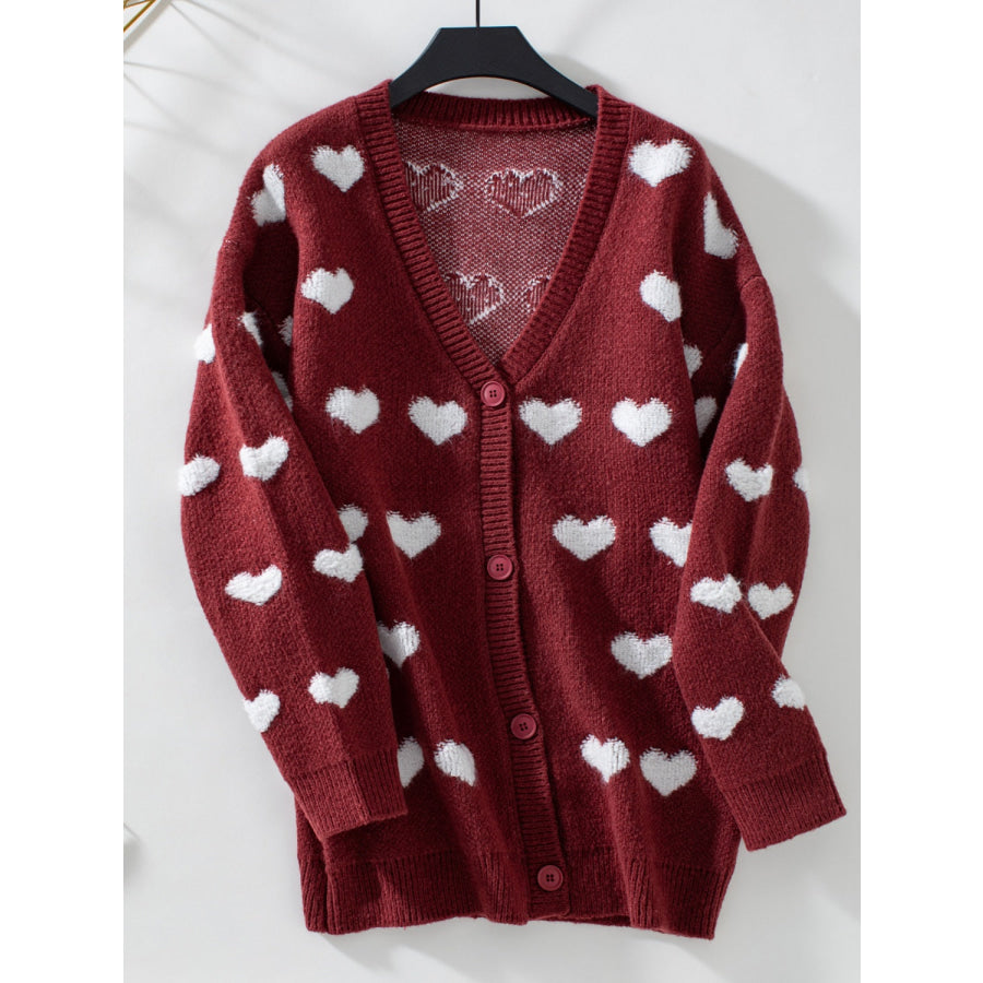 Heart V-Neck Button Up Long Sleeve Cardigan Burgundy / S Apparel and Accessories