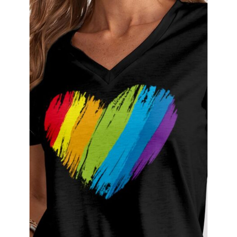 Heart V - Neck Dropped Shoulder T - Shirt Black / S Apparel and Accessories