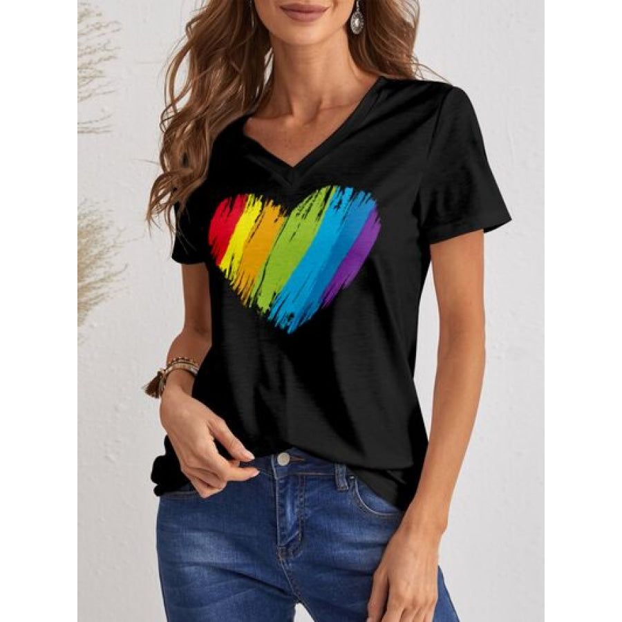 Heart V - Neck Dropped Shoulder T - Shirt Black / S Apparel and Accessories