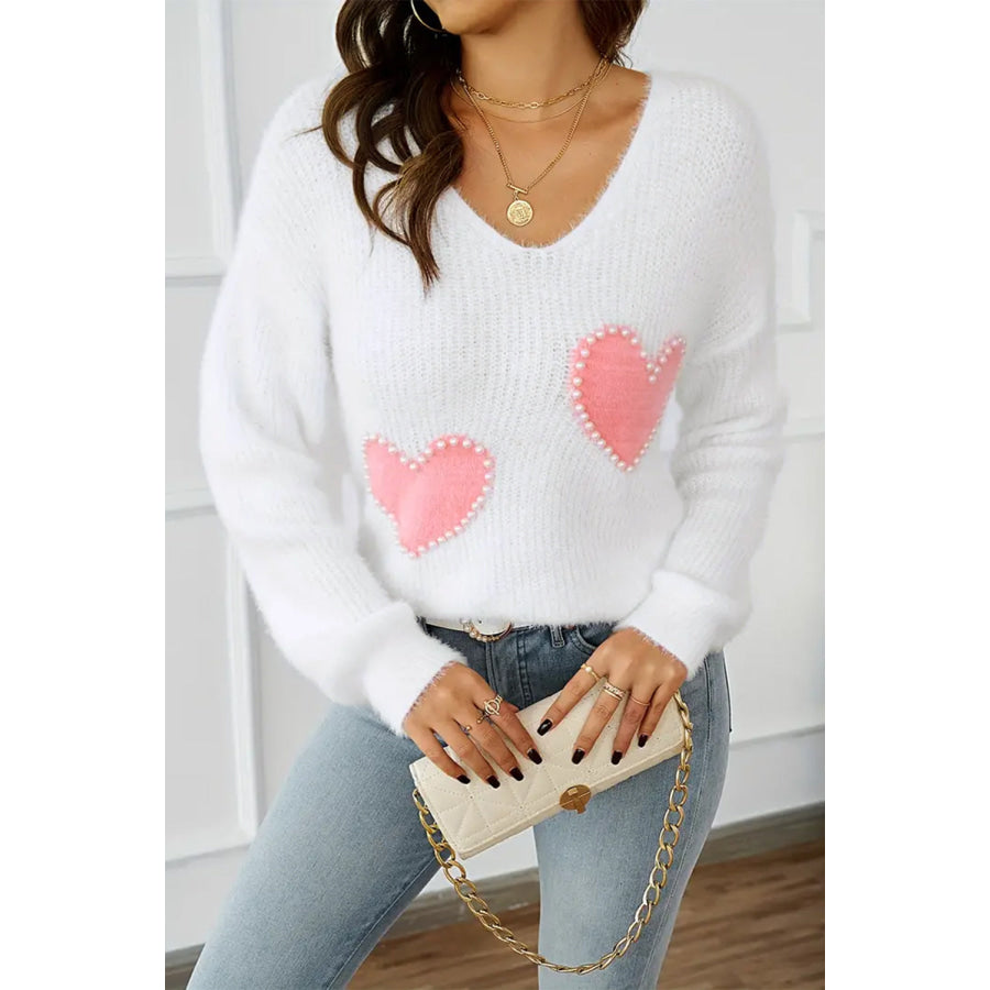 Heart V-Neck Long Sleeve Sweater Apparel and Accessories