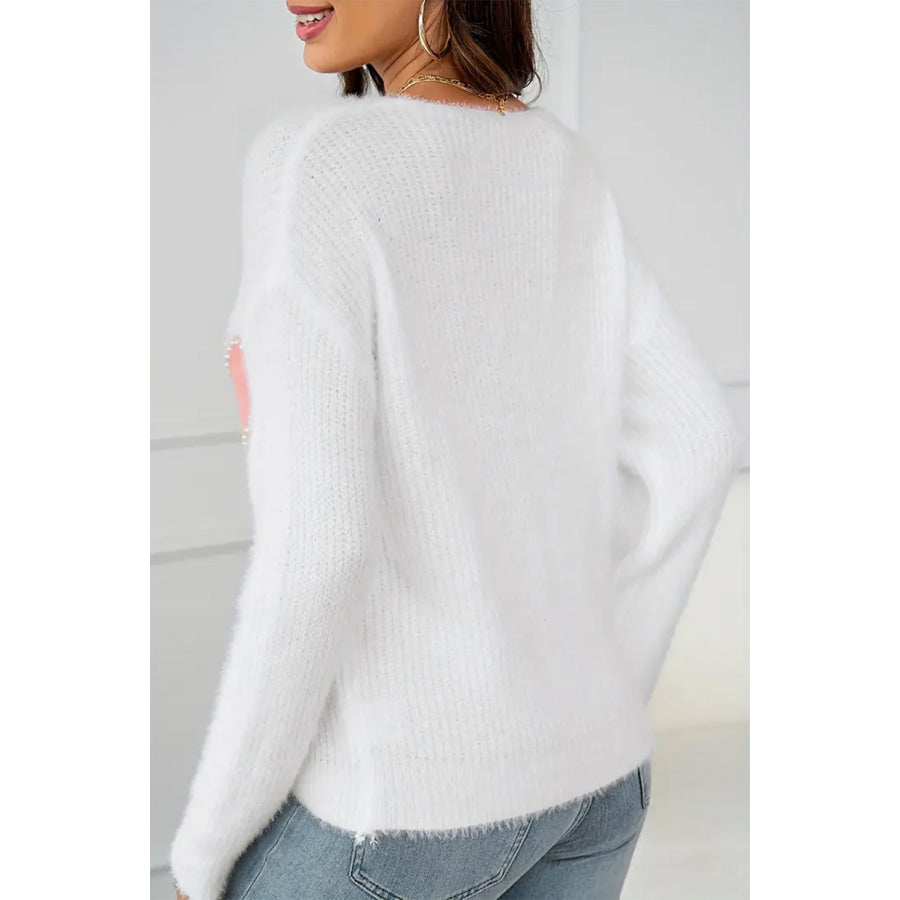 Heart V-Neck Long Sleeve Sweater Apparel and Accessories