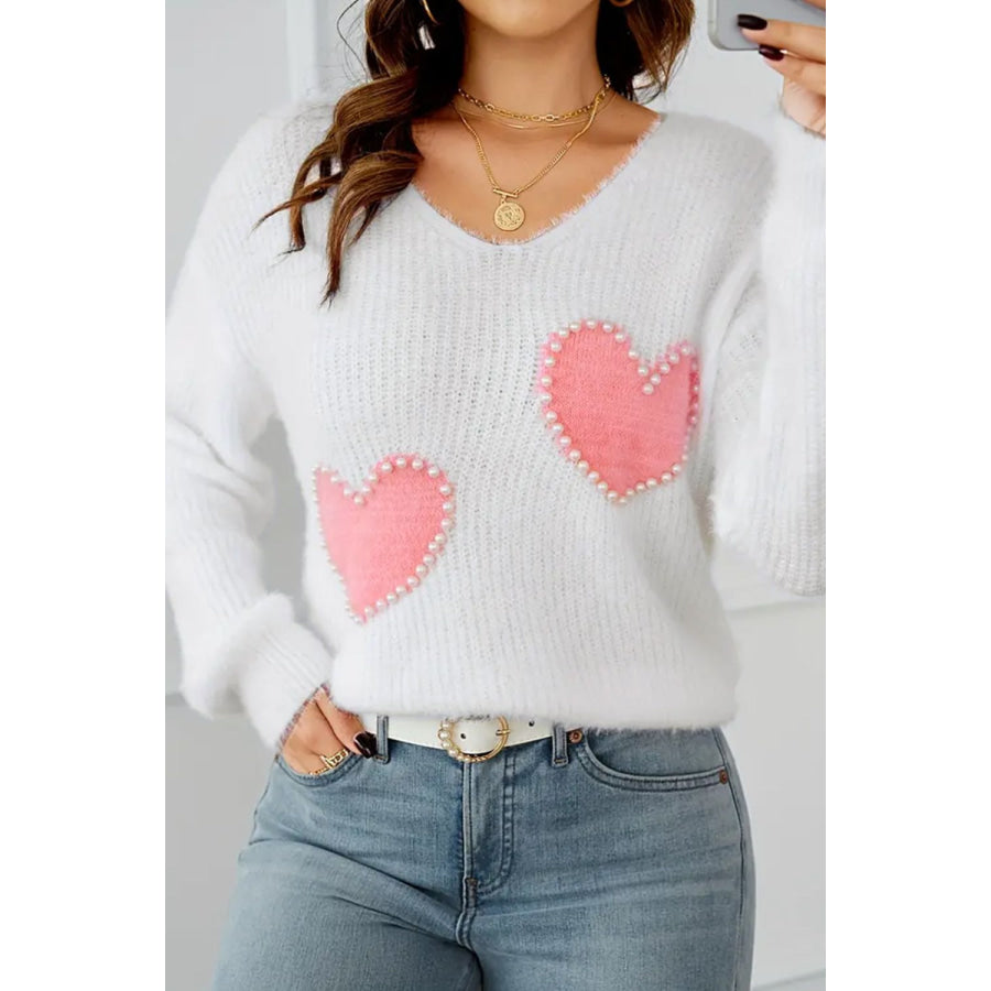 Heart V-Neck Long Sleeve Sweater Apparel and Accessories