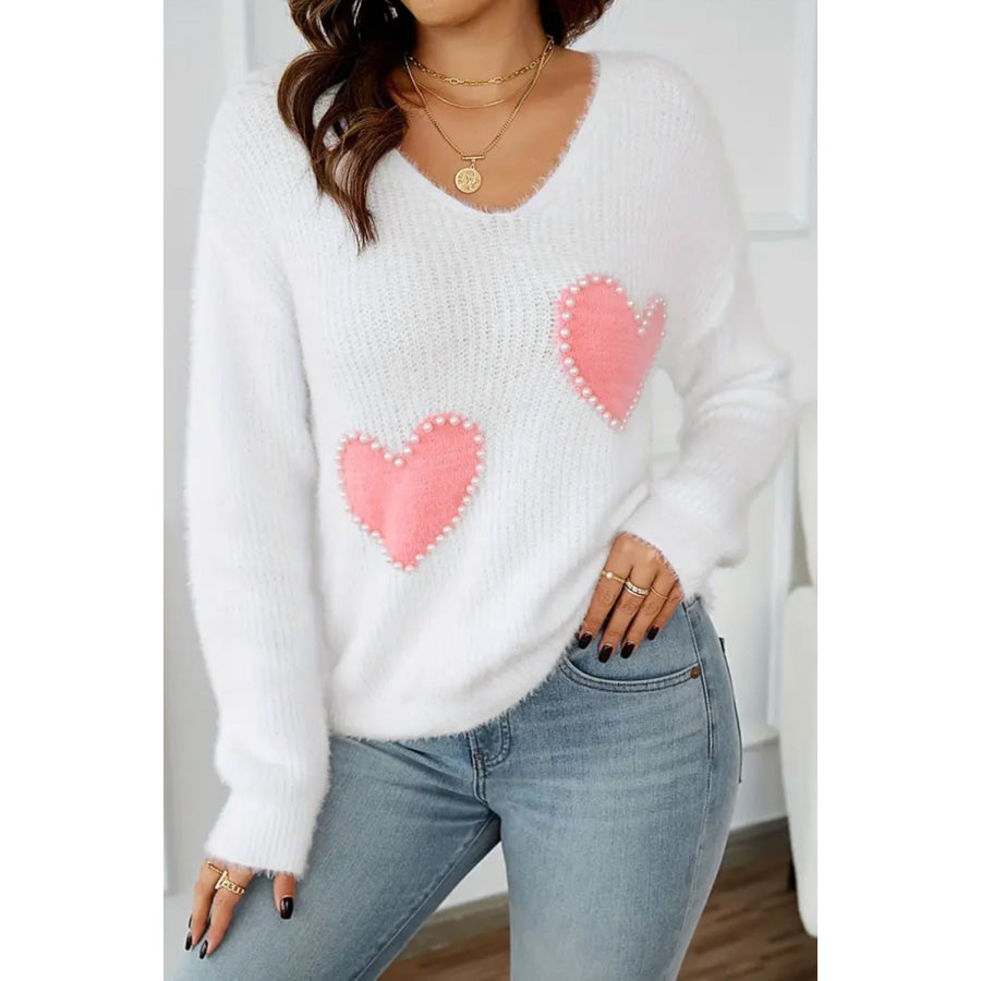 Heart V-Neck Long Sleeve Sweater White / S Apparel and Accessories