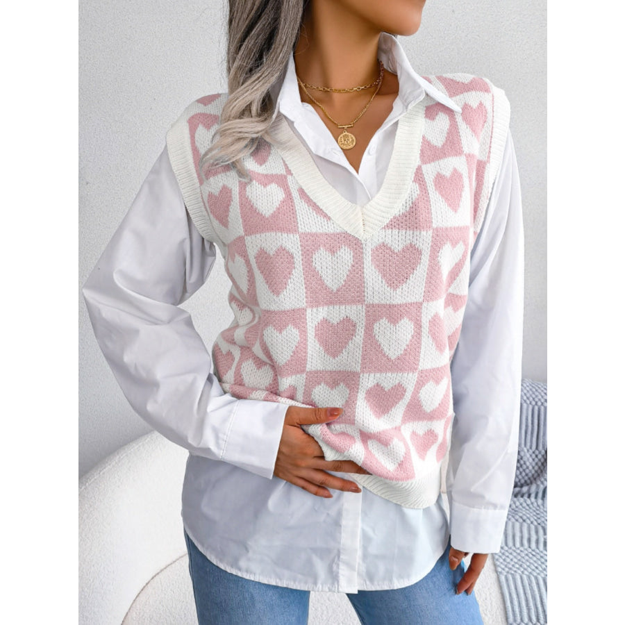 Heart V-Neck Sweater Vest Blush Pink / S Apparel and Accessories