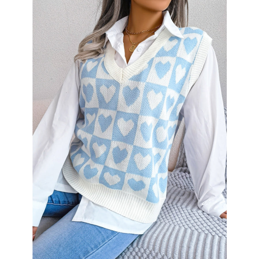 Heart V-Neck Sweater Vest Pastel Blue / S Apparel and Accessories