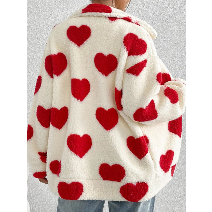 Heart Zip Up Drop Shoulder Furry Jacket Red / S Apparel and Accessories