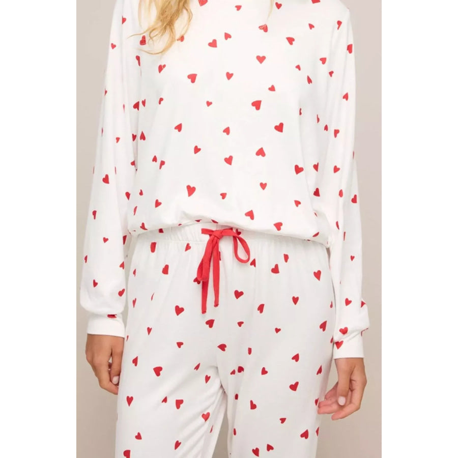 Hearts Printed Long Sleeve Top Drawstring Pants Lounge Set Apparel and Accessories
