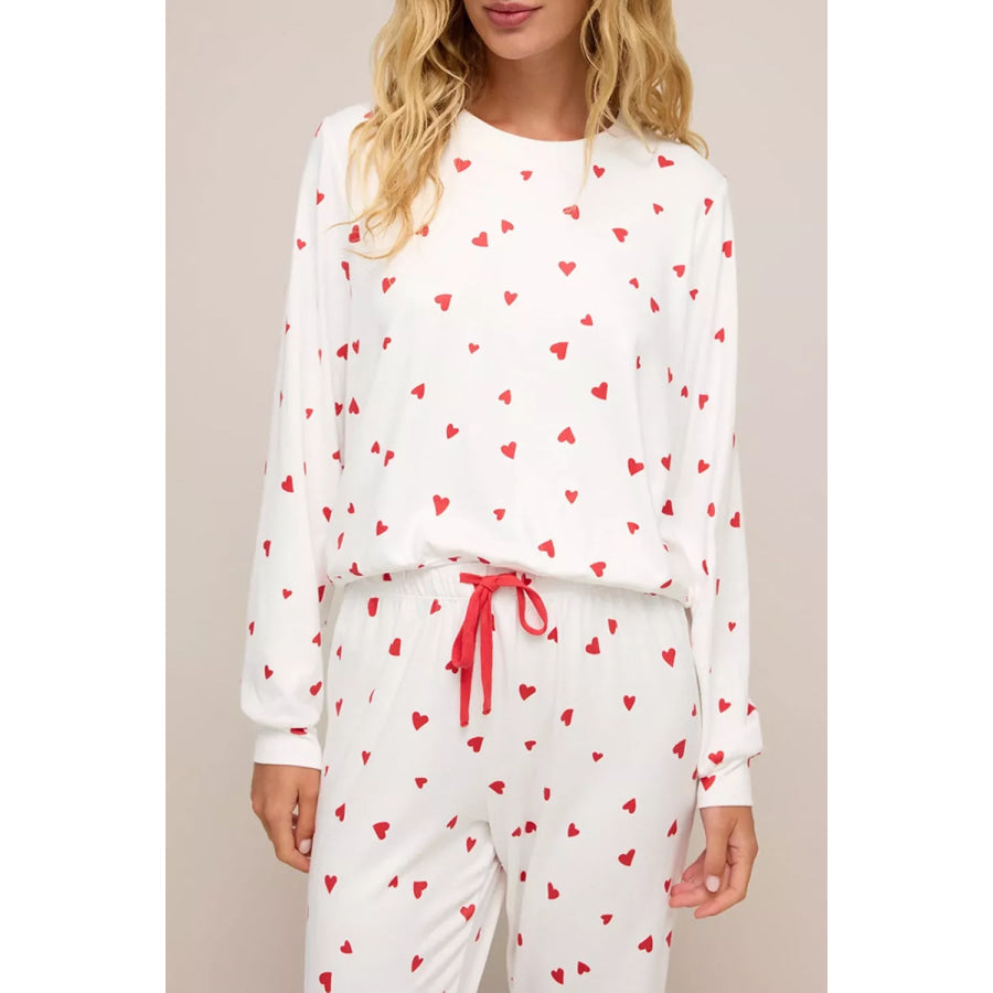 Hearts Printed Long Sleeve Top Drawstring Pants Lounge Set White / S Apparel and Accessories