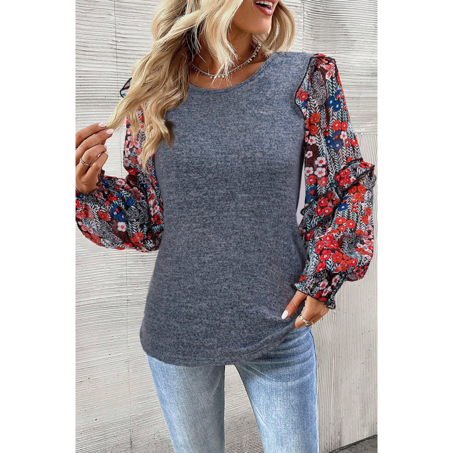 Heathered Floral Frill Lantern Sleeve Blouse Dark Gray / S Apparel and Accessories