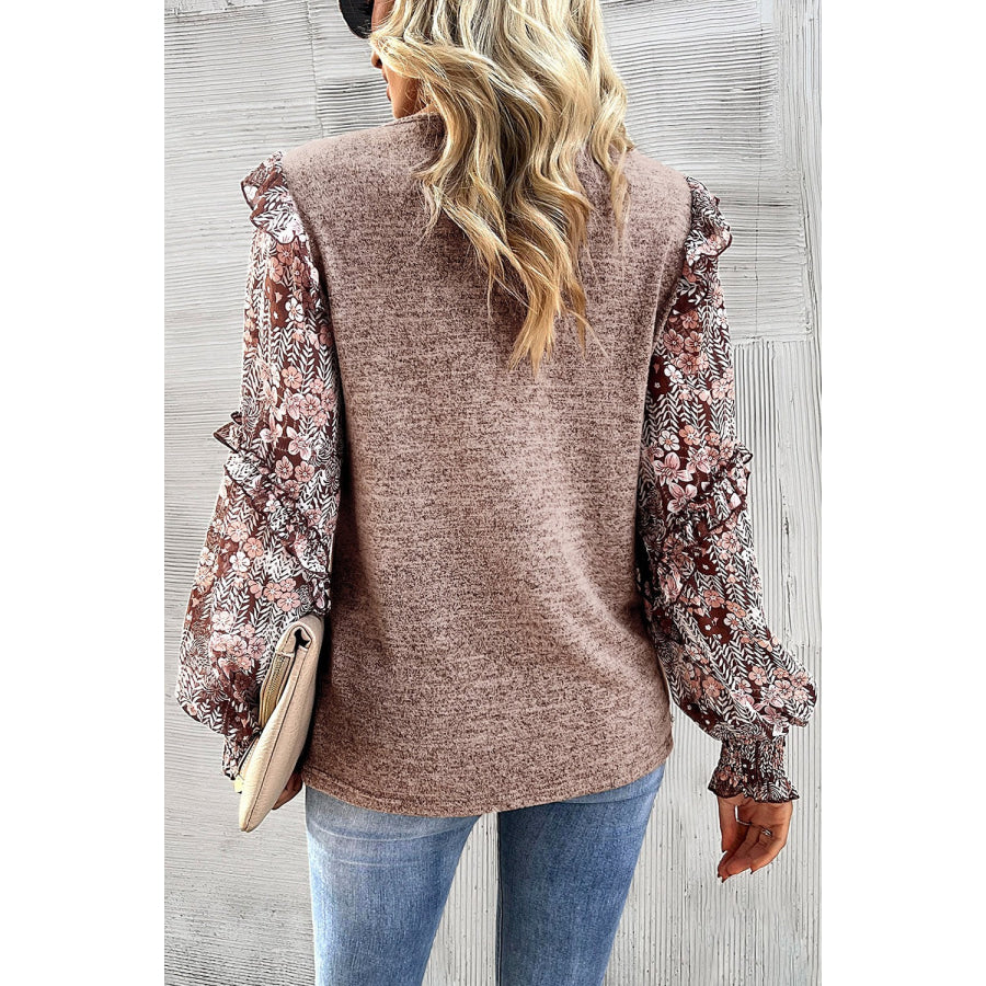 Heathered Floral Frill Lantern Sleeve Blouse Apparel and Accessories