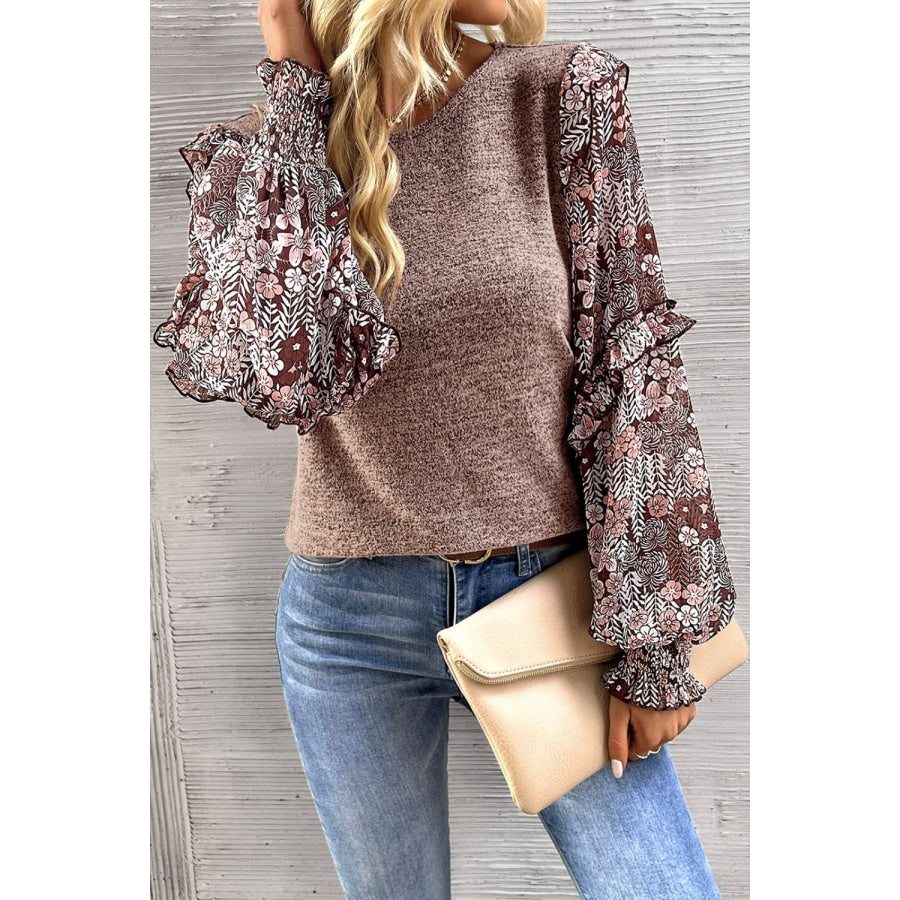 Heathered Floral Frill Lantern Sleeve Blouse Apparel and Accessories