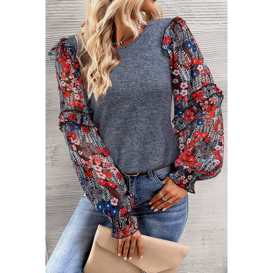 Heathered Floral Frill Lantern Sleeve Blouse Apparel and Accessories