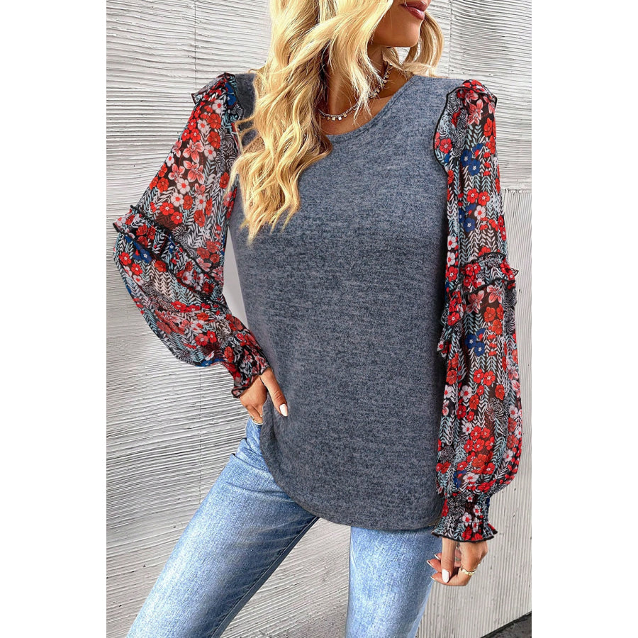 Heathered Floral Frill Lantern Sleeve Blouse Dark Gray / S Apparel and Accessories