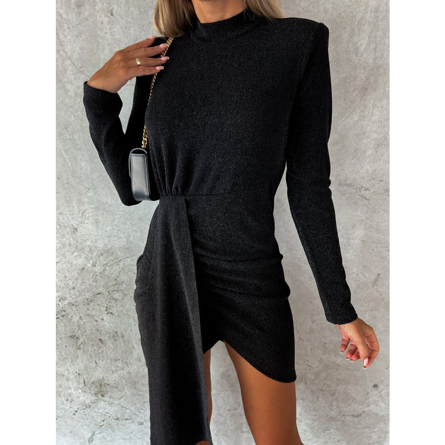 Heathered Mock Neck Long Sleeve Mini Dress Black / S Apparel and Accessories