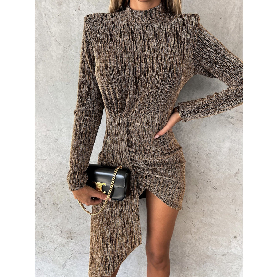 Heathered Mock Neck Long Sleeve Mini Dress Camel / S Apparel and Accessories