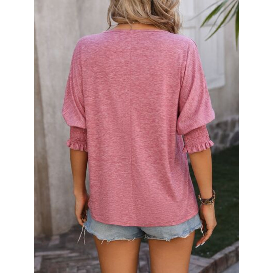 Heathered Notched Lantern Sleeve Blouse Apparel and Accessories