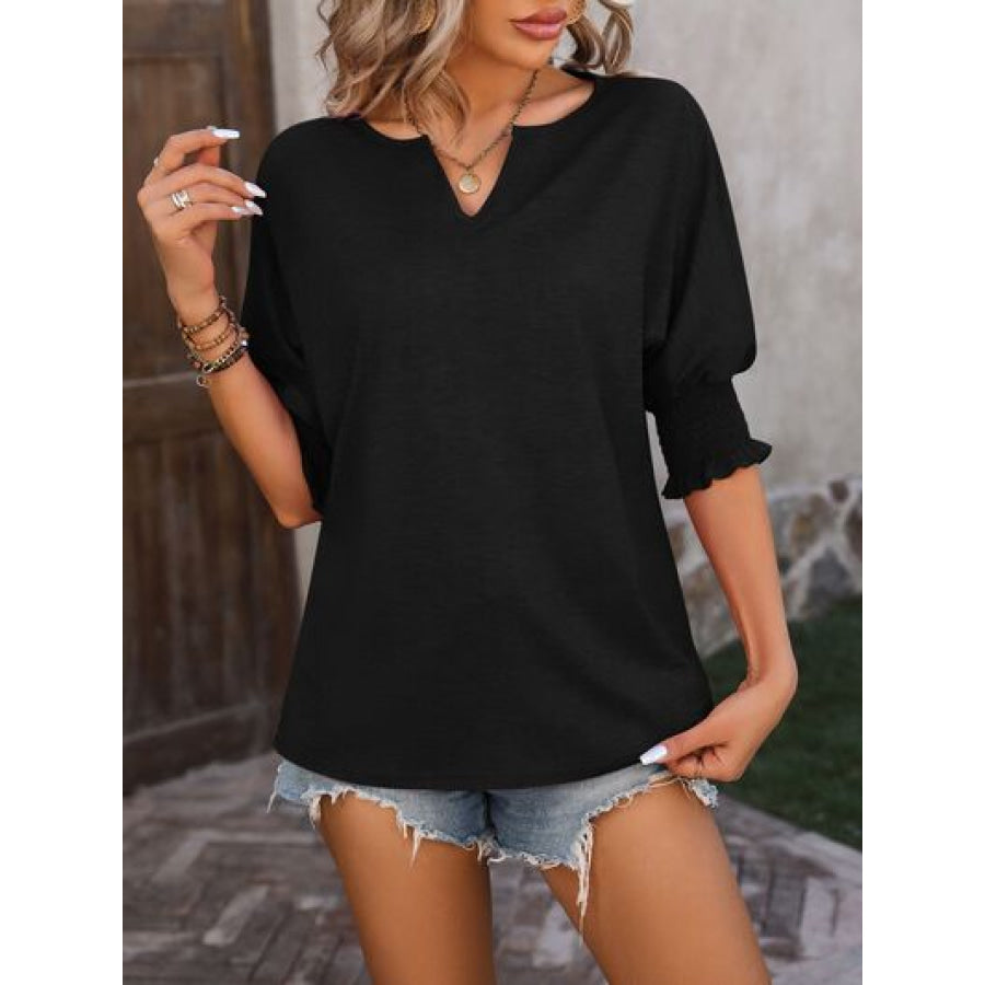 Heathered Notched Lantern Sleeve Blouse Apparel and Accessories