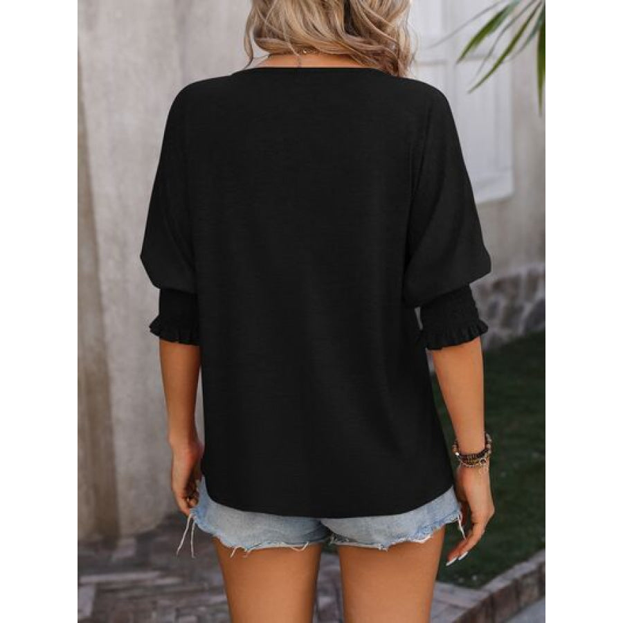 Heathered Notched Lantern Sleeve Blouse Apparel and Accessories