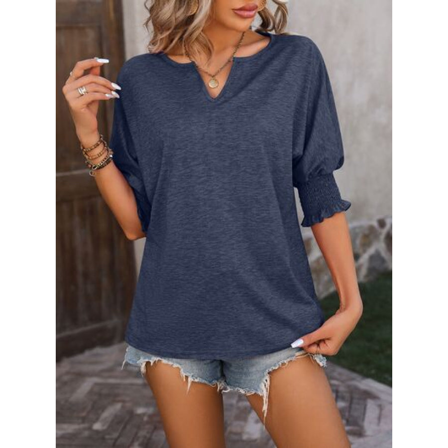 Heathered Notched Lantern Sleeve Blouse Apparel and Accessories