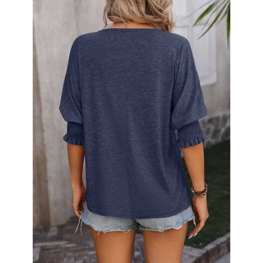 Heathered Notched Lantern Sleeve Blouse Apparel and Accessories