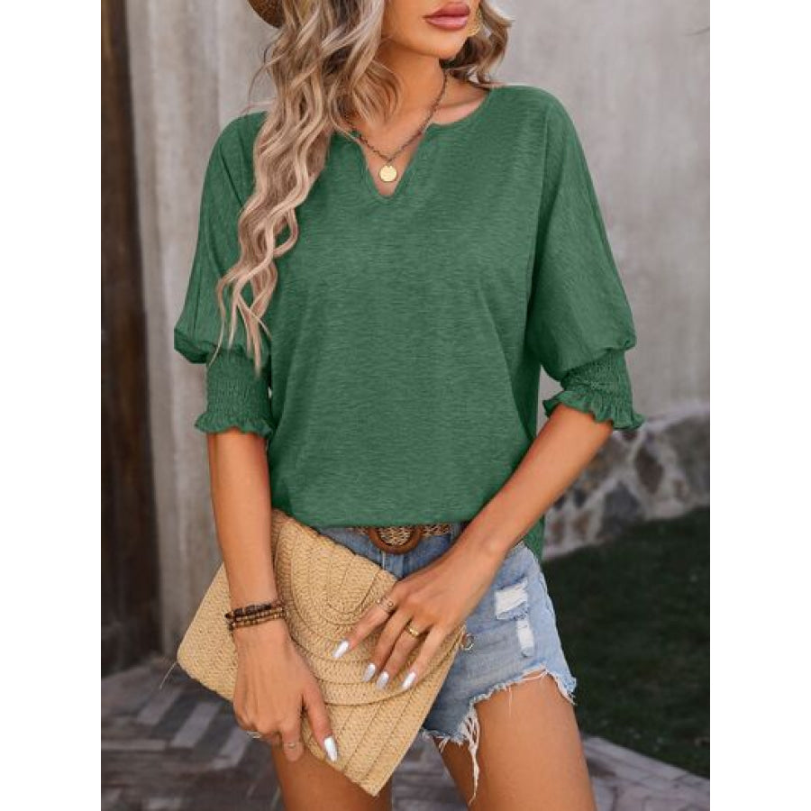 Heathered Notched Lantern Sleeve Blouse Apparel and Accessories