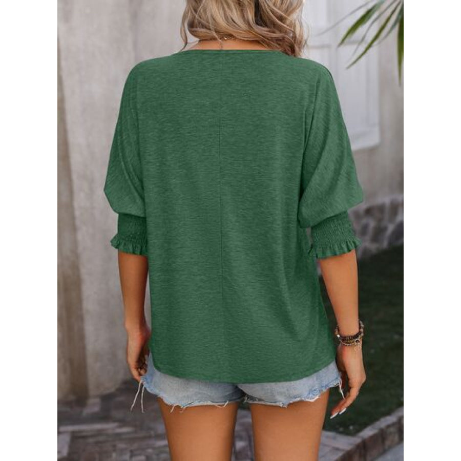 Heathered Notched Lantern Sleeve Blouse Apparel and Accessories