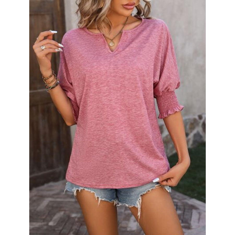 Heathered Notched Lantern Sleeve Blouse Apparel and Accessories