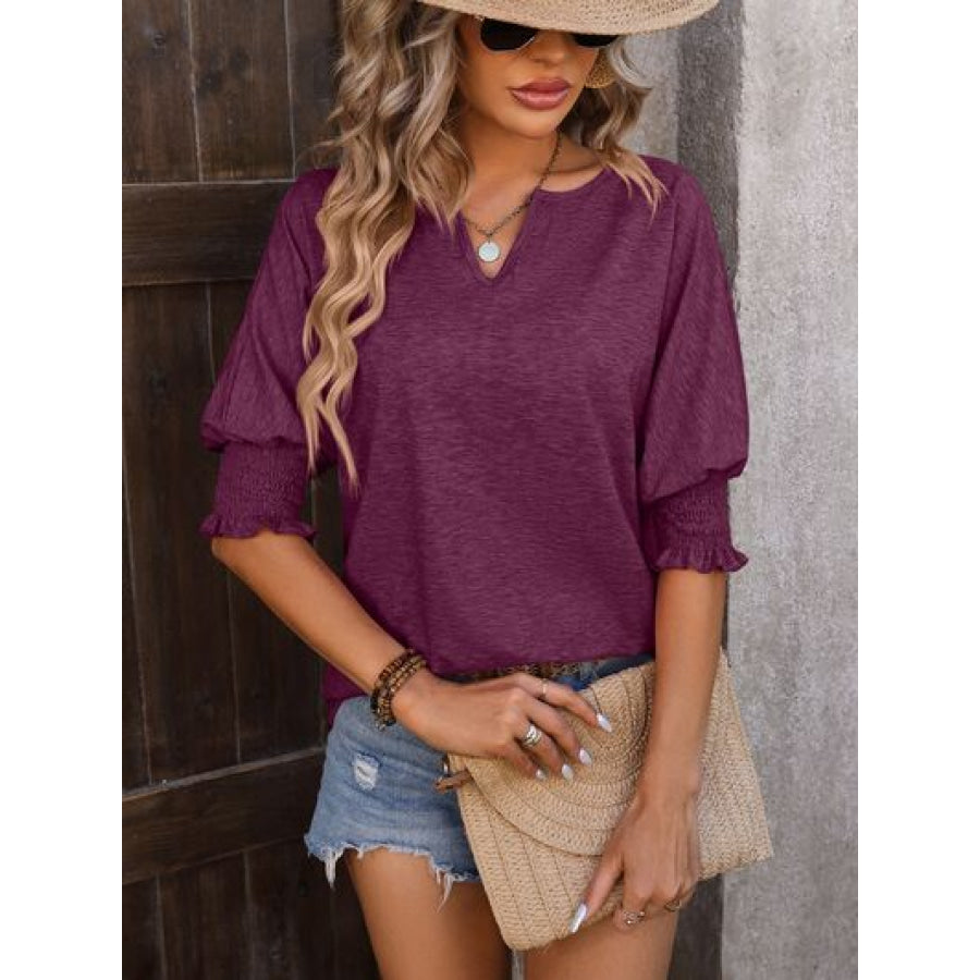 Heathered Notched Lantern Sleeve Blouse Apparel and Accessories