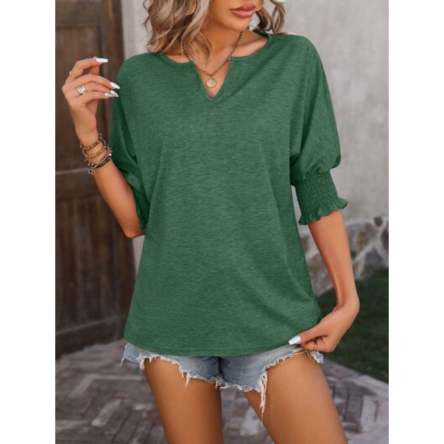 Heathered Notched Lantern Sleeve Blouse Green / S Apparel and Accessories