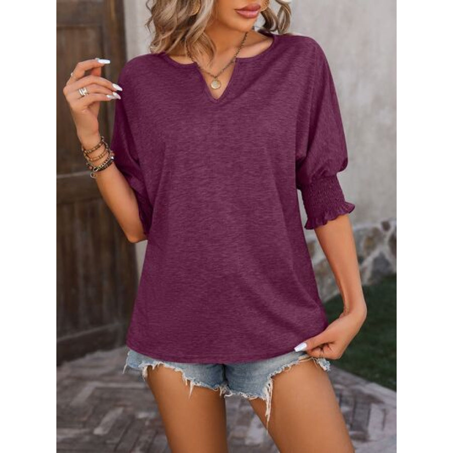 Heathered Notched Lantern Sleeve Blouse Plum / S Apparel and Accessories