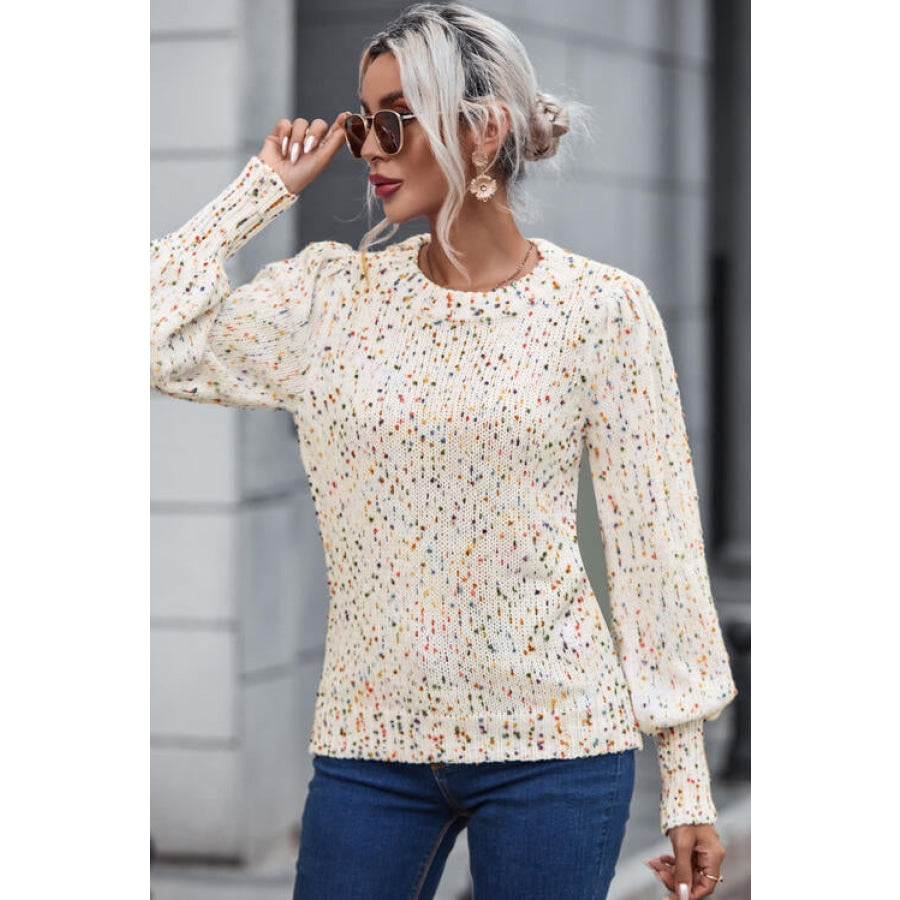 Heathered Round Neck Lantern Sleeve Sweater