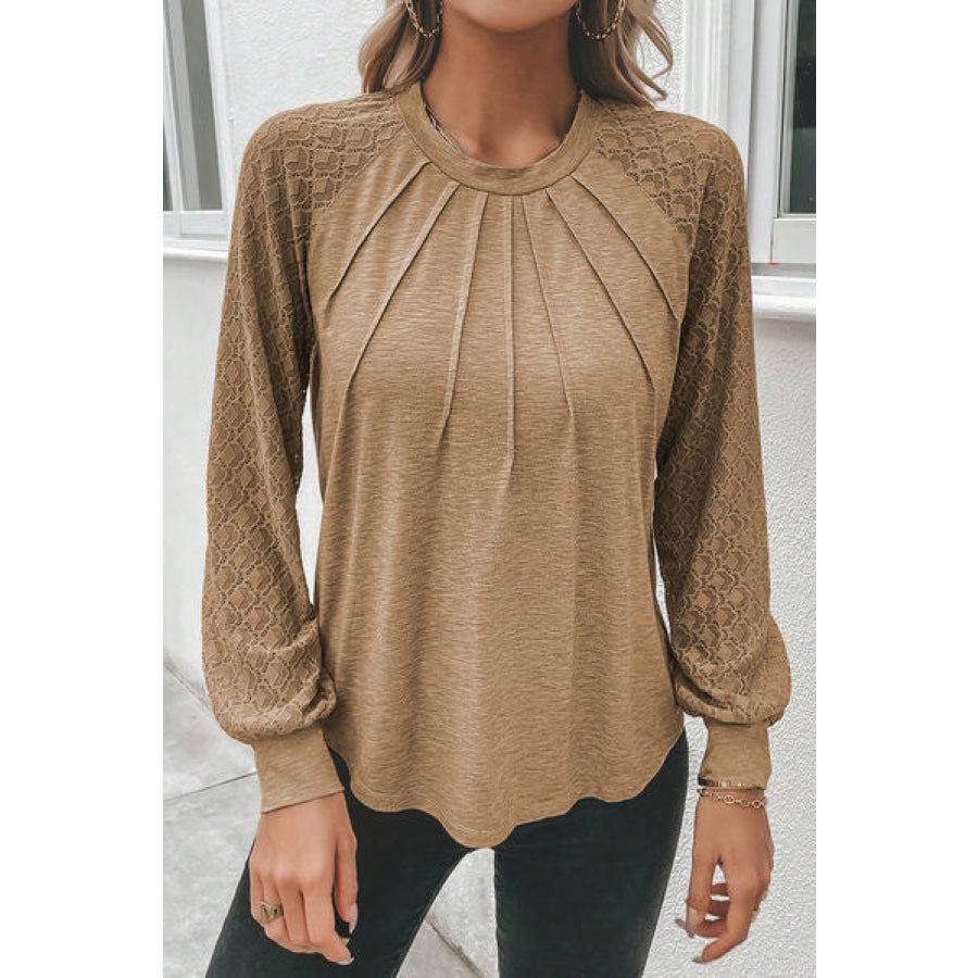 Heathered Round Neck Long Sleeve T - Shirt Tan / S Apparel and Accessories