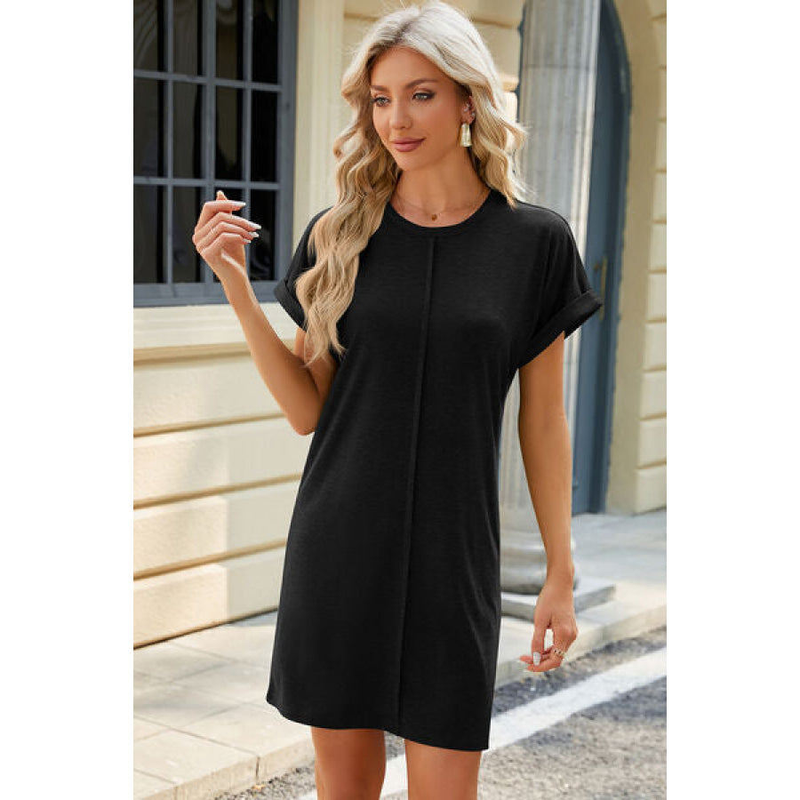 Heathered Round Neck Short Sleeve Dress Apparel and Accessories