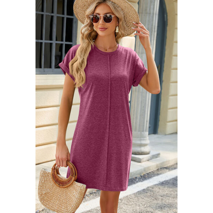 Heathered Round Neck Short Sleeve Dress Apparel and Accessories